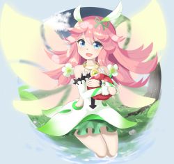 Rule 34 | 1girl, :d, blue eyes, blush, bracelet, collar, commentary, detached sleeves, dragalia lost, dress, fairy, fairy wings, fang, green dress, green ribbon, hair flaps, hair ribbon, highres, holding, jewelry, klaius, long sleeves, looking at viewer, notte (dragalia lost), open mouth, pink hair, ribbon, short dress, sitting, skin fang, smile, soaking feet, solo, wings