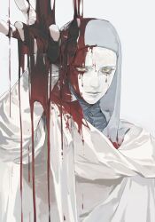Rule 34 | 1boy, blood, blood on clothes, blood on hands, blood on mask, elden ring, highres, male focus, mask, ruint, solo, upper body, white-faced varre, white background, white mask, yellow eyes