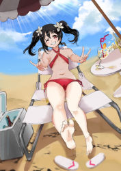 Rule 34 | 1girl, artist name, artist request, bare legs, bare shoulders, barefoot, bikini, bikini skirt, black hair, blue sky, blush, bow, breasts, cleavage, cloud, collarbone, cross-laced bikini, cross-laced clothes, cup, drinking glass, feet, female focus, flower, full body, hair bow, hair flower, hair ornament, highres, l0ssl3ssarts, long hair, looking at viewer, love live!, love live! school idol project, navel, nico nico nii, one eye closed, outdoors, parted lips, red bikini, red eyes, sandals, shangri-la shower, short hair, showgirl skirt, side-tie bikini bottom, sky, small breasts, smile, solo, sun, sunlight, swimsuit, twintails, umbrella, white flower, yazawa nico