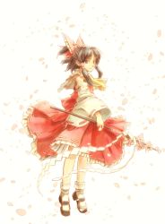Rule 34 | 1girl, ascot, black hair, bow, brown eyes, cherry blossoms, colored pencil (medium), detached sleeves, female focus, full body, gohei, hair bow, hair tubes, hakurei reimu, japanese clothes, mary janes, miko, mixed media, nakajimayou, petals, ponytail, shoes, short hair, simple background, skirt, smile, socks, solo, standing, tiptoes, touhou, traditional media, white background, white socks, wide sleeves