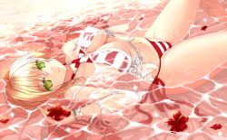Rule 34 | 1girl, bare legs, bikini, blonde hair, bracelet, breasts, cleavage, criss-cross halter, fate/grand order, fate (series), flower, green eyes, hair intakes, halterneck, jewelry, knee up, large breasts, long hair, looking at viewer, lying, morizono shiki, navel, nero claudius (fate), nero claudius (fate) (all), nero claudius (swimsuit caster) (fate), nero claudius (swimsuit caster) (third ascension) (fate), on back, outdoors, partially submerged, red bikini, side-tie bikini bottom, solo, striped bikini, striped clothes, swimsuit, underboob, water, wet, white flower