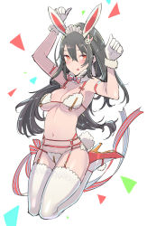 Rule 34 | 1girl, :p, animal ears, arm ribbon, arm up, bikini, black hair, blush, bow, bowtie, breasts, cleavage, clenched hand, closed mouth, full body, fur collar, gloves, groin, hair between eyes, hair ornament, high heels, long hair, looking at viewer, maid headdress, medium breasts, navel, orange eyes, original, rabbit ears, rabbit girl, rabbit hair ornament, rabbit tail, red footwear, red ribbon, ribbon, shoes, smile, solo, striped bow, striped bowtie, striped clothes, striped neckwear, striped ribbon, swimsuit, tail, tajima ryuushi, thighhighs, tongue, tongue out, underwear, very long hair, white background, white bikini, white gloves, zipper