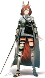 Rule 34 | 1girl, absurdres, animal ears, arknights, armor, belt pouch, black footwear, black skirt, black thighhighs, brown eyes, cape, closed mouth, coat, commentary, cuts, dirty, ear armor, flametail (arknights), full body, gauntlets, greaves, hair between eyes, highres, holding, holding sword, holding weapon, injury, knee pads, legs apart, long hair, looking at viewer, miniskirt, oxy (ho2), pleated skirt, pouch, red hair, shoes, shoulder armor, simple background, single thighhigh, skindentation, skirt, solo, squirrel ears, squirrel girl, squirrel tail, standing, strap, sword, tail, thigh pouch, thigh strap, thighhighs, thighs, v-shaped eyebrows, weapon, white background, white cape, white coat