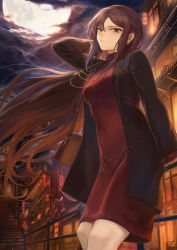 Rule 34 | 1girl, against railing, architecture, bag, blush, breasts, brown coat, brown eyes, brown hair, cloud, coat, dress, ear piercing, earrings, east asian architecture, fate/grand order, fate (series), floating hair, full moon, handbag, highres, jewelry, against railing, long hair, looking at viewer, mashuu (neko no oyashiro), medium breasts, moon, multiple piercings, necklace, night, open clothes, open coat, outdoors, piercing, railing, red dress, red sweater, ribbed dress, shoulder bag, solo, sweater, sweater dress, turtleneck, turtleneck sweater, very long hair, wind, yu mei-ren (fate)