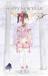 Rule 34 | 1girl, 2022, adapted costume, animal, animal ears, arms at sides, bird, bow legwear, brown hair, clothed animal, commentary request, flat chest, floppy ears, frilled shirt collar, frilled socks, frills, full body, happy new year, hashimoto w.s., highres, inaba tewi, lingerie, looking to the side, navel, new year, open mouth, panties, puffy short sleeves, puffy sleeves, rabbit, rabbit ears, rabbit girl, red eyes, revealing clothes, rope, see-through, see-through sleeves, shimenawa, short hair, short sleeves, socks, solo, split mouth, thighhighs, torii, touhou, underwear, white panties, white thighhighs, wrist cuffs