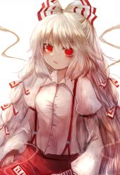 Rule 34 | 1girl, baggy pants, bow, buttons, collared shirt, commentary request, fujiwara no mokou, hair between eyes, hair bow, highres, long hair, long sleeves, maho moco, ofuda, ofuda on clothes, pants, red eyes, red pants, shirt, simple background, sleeve garter, solo, suspenders, touhou, very long hair, white background, white bow, white hair, white shirt