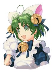Rule 34 | 1girl, :d, ahoge, animal hands, apron, bell, black dress, blue bow, bow, dejiko, di gi charat, dress, gloves, green eyes, green hair, hair bell, hair bow, hair ornament, hungry clicker, jingle bell, looking at viewer, maid apron, open mouth, paw gloves, puffy short sleeves, puffy sleeves, short hair, short sleeves, simple background, smile, solo, white apron, white background, white bow, white gloves