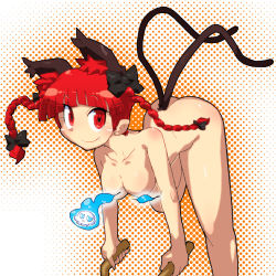 Rule 34 | 1girl, animal ears, braid, breasts, cat ears, cat girl, cat tail, censored, censored nipples, collarbone, convenient censoring, extra ears, fang, female focus, gomi ichigo, halftone, halftone background, hitodama, kaenbyou rin, multiple tails, nude, pointy ears, red eyes, red hair, running, short hair, skull, solo, tail, touhou, twin braids, twintails