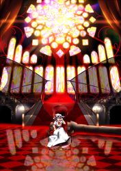 Rule 34 | 1girl, bat wings, blue hair, checkered floor, floor, crossed legs, lystick, red eyes, reflection, reflective floor, remilia scarlet, sitting, solo, stained glass, stairs, throne, touhou, transparent, transparent wings, wings