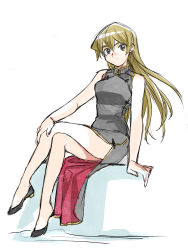 Rule 34 | 1girl, 203wolves, black footwear, blonde hair, brown eyes, china dress, chinese clothes, closed mouth, crossed legs, dress, earrings, floating hair, grey dress, hand on own knee, high heels, highres, jewelry, long hair, looking at viewer, nail polish, pink nails, pumps, side slit, simple background, sitting, sketch, sleeveless, sleeveless dress, smile, solo, tenjouin asuka, very long hair, white background, yu-gi-oh!, yu-gi-oh! gx