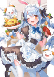 Rule 34 | 1girl, ;d, absurdres, alternate costume, animal ears, apron, back bow, black dress, blue bow, blue bowtie, blue hair, blurry, blurry background, bottle, bow, bowtie, braid, carrot hair ornament, commentary, creature, dress, enmaided, extra ears, food, food-themed hair ornament, foot out of frame, frilled apron, frilled dress, frilled sleeves, frills, hair bow, hair ornament, hands up, highres, hikimayu, holding, holding bottle, holding plate, hololive, indoors, ketchup bottle, leg up, long hair, looking at viewer, maid, maid apron, maid headdress, miyamo (fumifumi no ura), multicolored hair, omelet, omurice, one eye closed, open mouth, orange eyes, outside border, pekomon (usada pekora), pillarboxed, plate, puffy short sleeves, puffy sleeves, rabbit ears, short sleeves, signature, smile, solo, sparkle, standing, standing on one leg, swept bangs, thighhighs, twin braids, two-tone hair, usada pekora, virtual youtuber, waist apron, white apron, white hair, white thighhighs, wrist cuffs