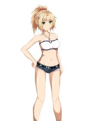 Rule 34 | 1girl, bandeau, bare arms, bare legs, bare shoulders, belt, black belt, blonde hair, breasts, camisole, cleavage, commentary request, cutoffs, denim, denim shorts, diarss, fate/apocrypha, fate (series), feet out of frame, green eyes, hand on own hip, highres, jewelry, looking at viewer, medium breasts, micro shorts, midriff, mordred (fate), mordred (fate/apocrypha), navel, pendant, ponytail, shorts, simple background, solo, spaghetti strap, standing, stomach, thighs, white background