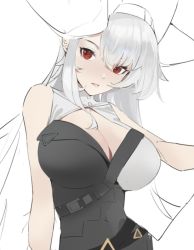 Rule 34 | 1girl, arknights, bare shoulders, belt, black dress, breasts, cleavage, cleavage cutout, clothing cutout, covered navel, curryzcy, dress, female focus, large breasts, long hair, looking at viewer, parted lips, red eyes, simple background, sleeveless, sleeveless dress, smile, solo, specter (arknights), specter the unchained (arknights), two-tone dress, unfinished, upper body, very long hair, white background, white dress, white hair