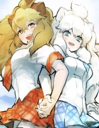 Rule 34 | 2girls, animal ears, big hair, blonde hair, blue eyes, blue necktie, blue skirt, blush, commentary request, cowboy shot, fangs, holding hands, kemono friends, lion (kemono friends), lion ears, lion girl, lion tail, long hair, looking at viewer, multiple girls, nan okitsune, necktie, open mouth, plaid, plaid necktie, plaid skirt, plaid trim, pleated skirt, red necktie, red skirt, shirt, short sleeves, skirt, t-shirt, tail, thighhighs, white hair, white lion (kemono friends), white shirt, yellow eyes, zettai ryouiki