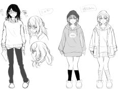 Rule 34 | 2girls, beanie, burisuke (koujiro), closed mouth, collared shirt, commentary request, drawstring, glasses, greyscale, hair between eyes, hat, highres, hood, hood down, hoodie, jacket, long sleeves, mole, mole under mouth, monochrome, multiple girls, multiple views, open clothes, open jacket, original, pants, parted lips, puffy long sleeves, puffy sleeves, shirt, simple background, sleeves past wrists, slippers, smile, socks, sweater, thick eyebrows, translation request, white background