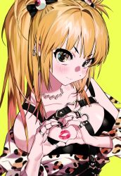 Rule 34 | 1girl, 2pineapplepizza, amane misa, animal print, bare shoulders, black nails, blonde hair, breasts, death note, detached sleeves, earrings, heart, heart hands, highres, jewelry, leopard print, long hair, looking at viewer, medium breasts, nail polish, necklace, ring, smile, solo, two side up