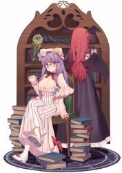 Rule 34 | 2girls, bat wings, bespectacled, book, bookshelf, bow, breasts, capelet, chair, cleavage, crescent, crossed legs, cup, dress, glasses, hair bow, hair ribbon, hat, head wings, highres, kitada mo, koakuma, large breasts, long hair, long sleeves, mob cap, multiple girls, patchouli knowledge, purple eyes, purple hair, red hair, ribbon, sitting, skindentation, skirt, striped clothes, striped dress, teacup, touhou, tress ribbon, very long hair, white legwear, wings