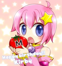 Rule 34 | blue eyes, blush, child, eating, hair ornament, hairclip, happy birthday, kirby, kirby (series), male focus, personification, pink hair, trap