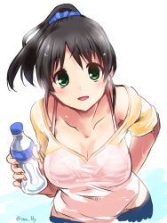 Rule 34 | 10s, 1girl, bad id, bad pixiv id, bikini, black hair, blush, bottle, breasts, cleavage, green eyes, harada miyo, highres, idolmaster, idolmaster cinderella girls, large breasts, leaning forward, long hair, looking at viewer, open mouth, paopao, ponytail, see-through, shirt, smile, solo, striped bikini, striped clothes, swimsuit, twitter username, wet, wet clothes