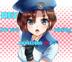 Rule 34 | 1girl, beret, blue eyes, blush, bodysuit, brown hair, fingerless gloves, gloves, hat, jill valentine, looking at viewer, nagare, open mouth, resident evil, resident evil 1, resident evil 2, short hair, simple background, smile, solo