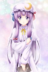 Rule 34 | 1girl, book, bow, crescent, gradient background, hair bow, hat, highres, long hair, open mouth, patchouli knowledge, purple eyes, purple hair, reimei (r758120518), ribbon, solo, touhou