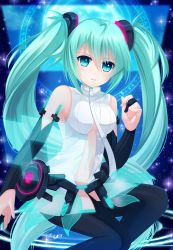 Rule 34 | 1girl, absurdres, bad id, bad pixiv id, black legwear, blue eyes, blue hair, breasts, detached sleeves, felicia-val, hair between eyes, hair ornament, hatsune miku, hatsune miku (append), highres, long hair, looking at viewer, matching hair/eyes, medium breasts, navel, signature, solo, twintails, vocaloid, vocaloid append, white background
