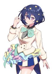 Rule 34 | 1girl, black hair, bow, bowtie, buttons, closed mouth, commentary request, cowboy shot, dress, flower, frilled dress, frills, hair flower, hair ornament, hand in own hair, highres, idol, jacket, looking at viewer, mizuno ai, plaid, plaid bow, plaid bowtie, plaid neckwear, red eyes, short hair, simple background, smile, solo, somasoutaro, standing, suit jacket, white background, zombie land saga