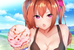 Rule 34 | 1girl, :o, absurdres, bare shoulders, black shirt, blue sky, blush, bow, breasts, brown hair, cleavage, cloud, collarbone, commentary request, daiwa scarlet (umamusume), day, fang, food, food focus, hair between eyes, hair bow, highres, ice cream, ice cream cone, incoming food, kawazurana, large breasts, long hair, looking at viewer, outdoors, pink bow, purple eyes, religious offering, shirt, sky, sleeveless, sleeveless shirt, solo, twintails, umamusume, upper body
