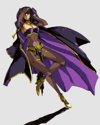 Rule 34 | 1980s (style), 1girl, arms behind head, black cape, black eyes, black hair, bodystocking, breasts, cape, cleavage, commentary, commission, covered navel, english commentary, fire emblem, fire emblem awakening, gold footwear, high heels, highres, hinomars19, leaning back, medium breasts, nintendo, oldschool, one eye covered, parted lips, pelvic curtain, retro artstyle, smile, solo, tharja (fire emblem), thigh strap