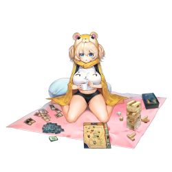 Rule 34 | 1girl, :3, animal hood, barefoot, blanket, blonde hair, blue eyes, blush, board game, breasts, card, cup, dice, ella of the sky, full body, game cg, hair between eyes, hamster hood, highres, hood, hot chocolate, jam (nandade), jenga, last origin, looking at viewer, midriff, mug, navel, open mouth, oppai loli, partially visible vulva, pillow, playing games, short shorts, short twintails, shorts, sima (startwitch), sitting, smile, solo, tachi-e, transparent background, twintails, wariza