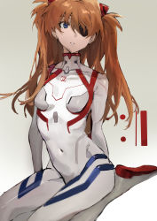 Rule 34 | 1girl, absurdres, blue eyes, bodysuit, brown hair, collarbone, covered collarbone, covered navel, evangelion: 3.0+1.0 thrice upon a time, eyelashes, eyepatch, gradient background, highres, long hair, neon genesis evangelion, parted lips, plugsuit, rebuild of evangelion, sitting, skin tight, solo, souryuu asuka langley, teeth, tsuiru, turtleneck, twintails, two side up, wariza