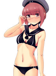Rule 34 | 10s, 1girl, arm at side, bad id, bad pixiv id, bare arms, bare shoulders, beret, bikini, black bikini, black hat, blunt bangs, blush, breasts, character name, cleavage, closed mouth, clothes writing, collarbone, cowboy shot, hand in own hair, hat, kantai collection, medium breasts, navel, ponusponu, red eyes, red hair, sailor bikini, sailor collar, short hair, sideboob, simple background, solo, stomach, swimsuit, twirling hair, white background, z3 max schultz (kancolle)