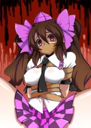 Rule 34 | 1girl, arms behind back, bdsm, bondage, bound, breasts, brown hair, checkered clothes, checkered skirt, empty eyes, female focus, gag, gagged, hat, highres, himekaidou hatate, imminent rape, improvised gag, large breasts, long hair, necktie, red eyes, skirt, solo, spread legs, tajima yuuki, tape, tape bondage, tape gag, tokin hat, touhou, twintails
