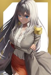 Rule 34 | 1girl, arms under breasts, blue eyes, breasts, closed mouth, collared shirt, crossed arms, grey hair, grey jacket, hair between eyes, jacket, large breasts, looking at viewer, military jacket, open clothes, open jacket, original, partially unbuttoned, pencil skirt, red skirt, renshuunomi, shirt, simple background, skirt, solo, white shirt