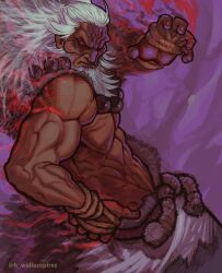 Rule 34 | 1boy, akuma (street fighter), bead necklace, beads, beard, claw pose, dark-skinned male, dark skin, facial hair, feet out of frame, fiery aura, fighting stance, highres, jewelry, long beard, looking at viewer, male focus, muscular, muscular male, necklace, no pupils, old, old man, prayer beads, red eyes, short hair, solo, street fighter, topless male, wallace pires, wrinkled skin