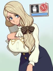 Rule 34 | 1girl, blonde hair, blue background, blue eyes, bow, breasts, commentary, cowboy shot, english commentary, fire emblem, fire emblem: three houses, gameplay mechanics, garreg mach monastery uniform, hair bow, highres, large breasts, long hair, long sleeves, looking at viewer, mercedes von martritz, milkmountain, nintendo, simple background, smile, solo