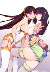 Rule 34 | 2girls, black hair, breast press, breasts, character request, dated, feet out of frame, flower, grey background, grey legwear, highres, hitomi o, leg up, long hair, medium breasts, multiple girls, parted lips, purple eyes, reaching, reaching towards viewer, rope, signature, smile, symmetrical docking, tassel, thighhighs, twintails, white background, white legwear, xian jian qi xia zhuan (series), xianjian qixia zhuan, xianjian qixia zhuan huanlijing, yellow flower