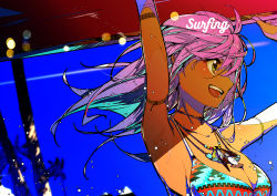 Rule 34 | 1girl, apapico, armlet, arms up, bikini, breasts, cleavage, dark-skinned female, dark skin, day, from side, highres, holding, holding surfboard, jewelry, long hair, multiple necklaces, necklace, open mouth, original, outdoors, palm tree, pink hair, profile, sky, solo, surfboard, swimsuit, tree, upper body, yellow eyes