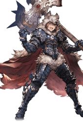 Rule 34 | 10s, 1boy, alpha transparency, pelt, armor, axe, battle axe, berserker (granblue fantasy), black footwear, boots, brown eyes, brown hair, cape, clenched hand, full body, gran (granblue fantasy), granblue fantasy, holding, holding weapon, legs apart, male focus, minaba hideo, official art, over shoulder, smile, solo, transparent background, weapon, weapon over shoulder, wide stance, pelt
