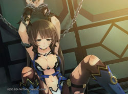 Rule 34 | 10s, 1girl, 2015, arms up, bdsm, bondage, bound, bound wrists, breasts, brown hair, c-sha, chain, choker, cleavage, collarbone, company name, dutch angle, grey eyes, highres, long hair, navel, neptune (series), non-web source, official art, pantyhose, shin jigen game neptune vii, sitting, solo, torn clothes, torn pantyhose, tsunako, watermark
