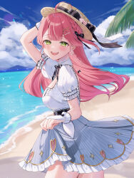 Rule 34 | 1girl, absurdres, beach, blue sky, braid, breasts, bridal gauntlets, brown hat, cleavage, cloud, commentary request, day, grey skirt, hat, highres, hololive, long hair, looking at viewer, medium breasts, ocean, open mouth, pink hair, puffy short sleeves, puffy sleeves, runlan 0329, sakura miko, sakura miko (street), shirt, short sleeves, skirt, sky, smile, solo, straw hat, striped clothes, striped skirt, vertical-striped clothes, vertical-striped skirt, virtual youtuber, white shirt