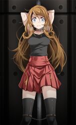 Rule 34 | 1girl, against wall, arms behind head, arms up, black shirt, black thighhighs, blue eyes, breasts, brown hair, chain, clenched teeth, collar, collarbone, creatures (company), game freak, hair between eyes, highres, long hair, looking at viewer, medium breasts, messy hair, miniskirt, nintendo, pleated skirt, pokemon, pokemon xy, red skirt, restrained, scared, serena (pokemon), shirt, skirt, sleeveless, sleeveless shirt, solo, standing, straight hair, teeth, thighhighs, tsukishiro saika, very long hair, zettai ryouiki