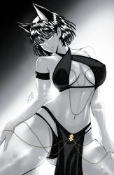Rule 34 | 1girl, absurdres, animal ears, artist name, bare shoulders, breasts, cat ears, cat girl, cleavage, commentary, criss-cross halter, earrings, english commentary, fubuki (one-punch man), gradient background, greyscale, halterneck, highres, jewelry, large breasts, lips, looking at viewer, monochrome, mostlybluewyatt, navel, one-punch man, parted lips, pelvic curtain, short hair, signature, simple background, smile, solo, spot color, stomach, swimsuit, thighs