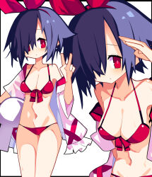 Rule 34 | 1girl, ball, beachball, bikini, bow, breasts, cleavage, commentary, disgaea, front-tie top, hair over one eye, hair ribbon, highres, letterboxed, looking at viewer, multiple views, nanozenzen, navel, pleinair, pointy ears, purple hair, red bikini, red bow, red eyes, red ribbon, ribbon, short hair, swimsuit, v