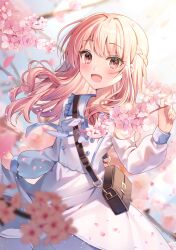 Rule 34 | 1other, :d, akiyama mizuki, androgynous, bag, braid, cherry blossoms, commentary, day, dress, dutch angle, falling petals, french braid, gin (gin937), highres, long hair, long sleeves, looking at viewer, open mouth, outdoors, petals, pink eyes, pink hair, project sekai, shoulder bag, smile, solo, sunlight, symbol-only commentary, upper body, white dress
