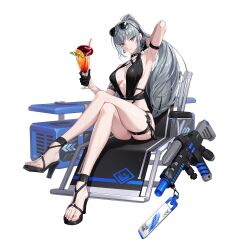 Rule 34 | 1girl, arm behind head, arm strap, arm up, armpits, assault rifle, bare shoulders, bikini, black bikini, black choker, black dress, black footwear, black gloves, black panties, black survival, breasts, breasts apart, chair, choker, collarbone, crossed legs, cup, deck chair, dress, earrings, eternal return: black survival, eyewear on head, feet, food, fruit, full body, gloves, green eyes, grey hair, gun, half gloves, halterneck, hand up, haze (black survival), high heels, highres, holding, holding cup, jewelry, juice, legs, long hair, looking at viewer, medium breasts, official alternate costume, official alternate hairstyle, official art, orange (fruit), orange juice, panties, ponytail, rifle, rocket launcher, sandals, simple background, sitting, solo, strappy heels, sunglasses, swimsuit, thigh strap, thighs, toenails, toes, transparent background, tube, umbrella, underwear, very long hair, weapon, wet, white background