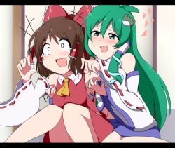 Rule 34 | +++, 2girls, :d, armpits, ascot, bare shoulders, blush, bow, breasts, brown hair, bwell, crying, crying with eyes open, detached sleeves, flying teardrops, frog hair ornament, green eyes, green hair, hair bow, hair ornament, hair tubes, hakurei reimu, heart, knees together feet apart, kochiya sanae, laughing, legs, letterboxed, long hair, multiple girls, navel, o o, open mouth, sarashi, sitting, skirt, skirt set, smile, snake hair ornament, tears, tickling, tickling armpits, touhou, very long hair, vest, wariza, wide-eyed