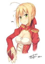 Rule 34 | 10s, 1girl, ahoge, artist name, bad id, bad twitter id, blonde hair, blush, braid, breasts, character name, cleavage, closed mouth, dated, doyagao, epaulettes, fate/extra, fate (series), french braid, green eyes, hair bun, hair ribbon, kinta (distortion), long sleeves, looking at viewer, medium breasts, nero claudius (fate), nero claudius (fate) (all), nero claudius (fate/extra), red ribbon, ribbon, short hair with long locks, sidelocks, signature, simple background, single hair bun, smile, smug, solo, sparkle, upper body, white background