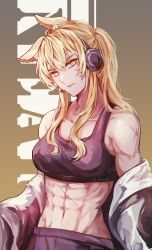 Rule 34 | 1girl, abs, animal ears, arknights, bare shoulders, blonde hair, breasts, crop top, gradient background, head tilt, headphones, highres, long hair, looking at viewer, medium breasts, midriff, navel, nearl (arknights), nearl the radiant knight (arknights), off shoulder, open clothes, scar, solo, sports bra, stomach, upper body, vleaf, yellow background, yellow eyes