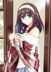Rule 34 | 10s, 1girl, black hair, blue eyes, blush, book, breasts, commentary request, hairband, highres, holding, holding book, idolmaster, idolmaster cinderella girls, jewelry, leaf, long hair, looking at viewer, masa (fate), necklace, off-shoulder, off-shoulder sweater, painttool sai, pendant, ribbed sweater, sagisawa fumika, shawl, smile, sweater, third-party edit, window
